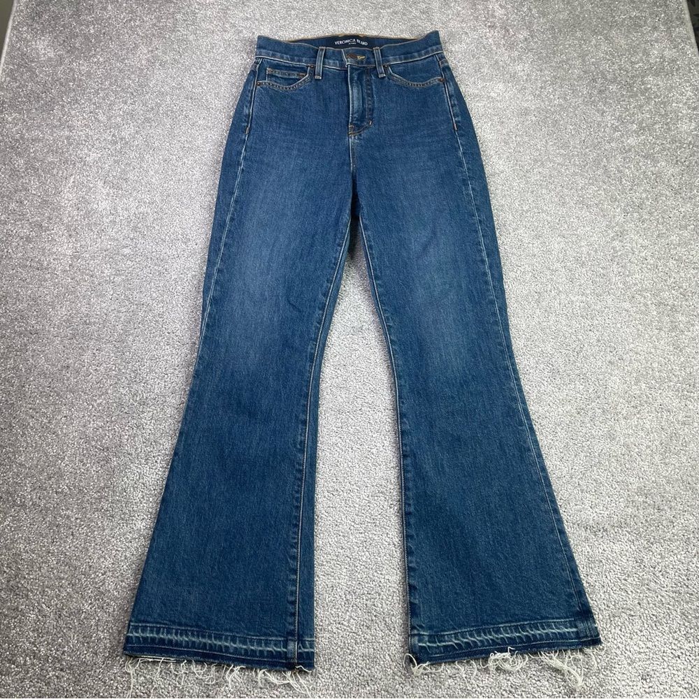 Veronica Beard Carson Ankle Flare High Rise Jeans Womens 24 Dark Wash Frayed Hem